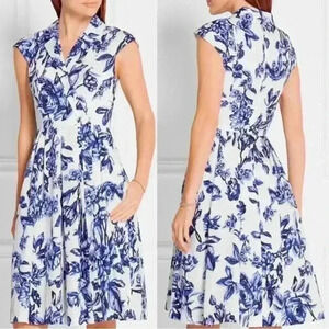 NEW Lela Rose Jane Floral-Print Cotton A Line Dress White & Blue Size 8